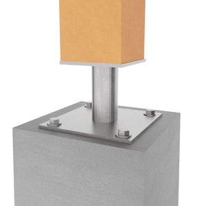 Elevated post base with metal plate and central support column securing a wooden post above concrete surface.