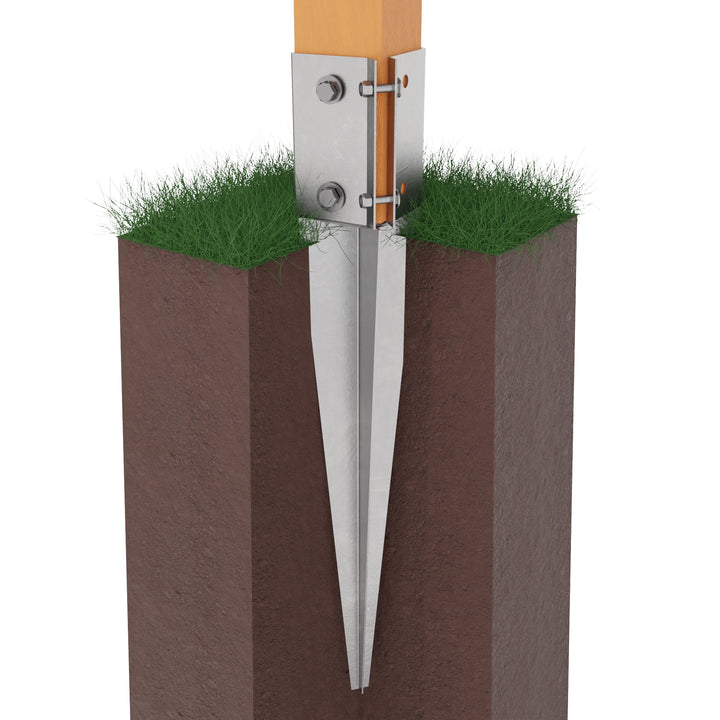 Swift clamp drive in post support spike driven into ground with wooden fence post secured in bracket clamp above ground level.
