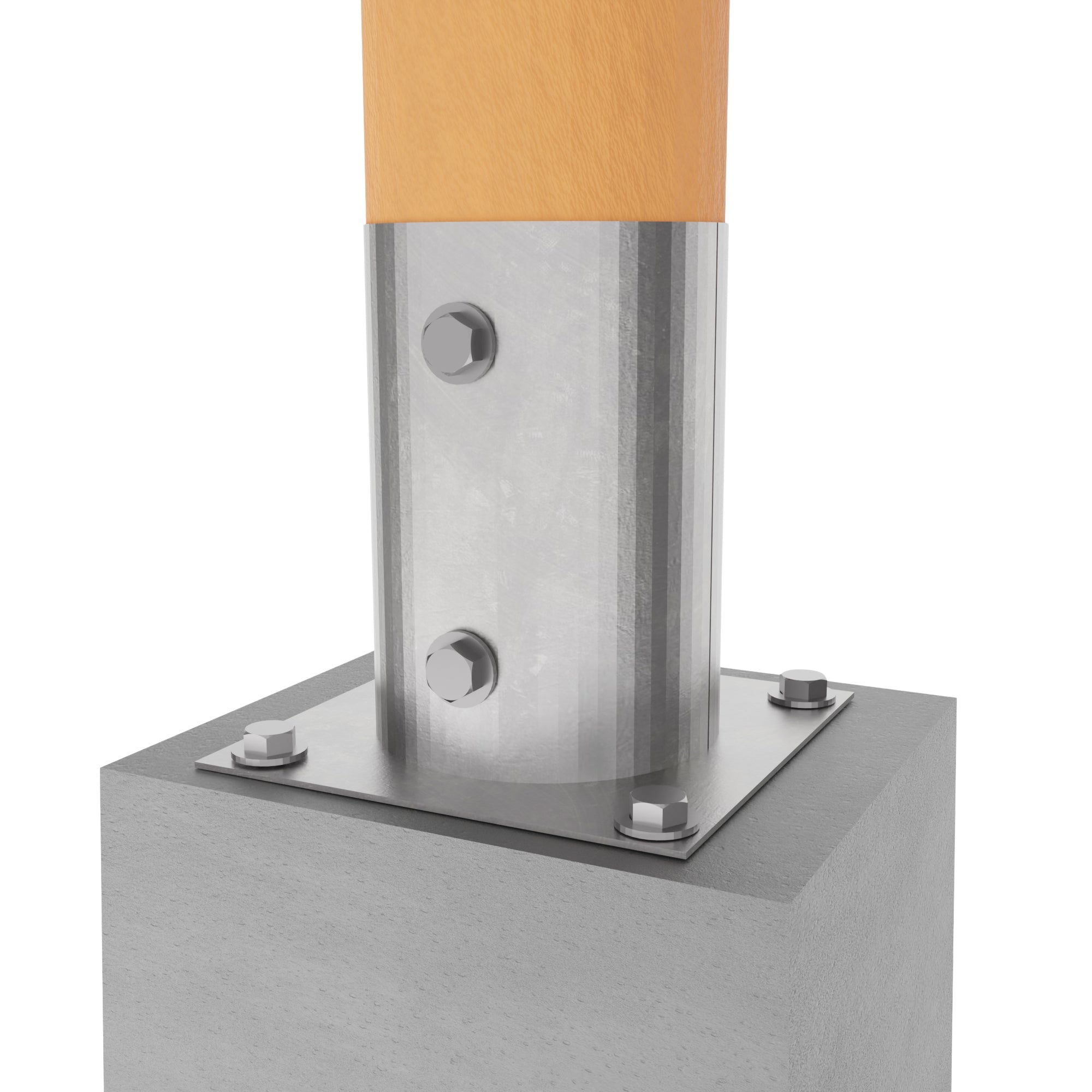 Metal post base bracket securing a round wooden post to a concrete surface.
