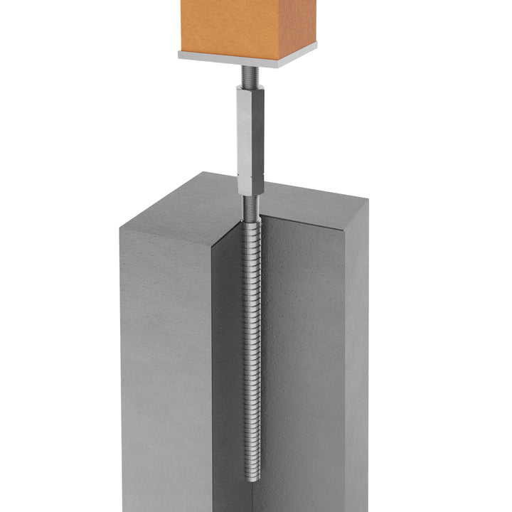 Wooden post secured to adjustable  post support anchored in concrete.