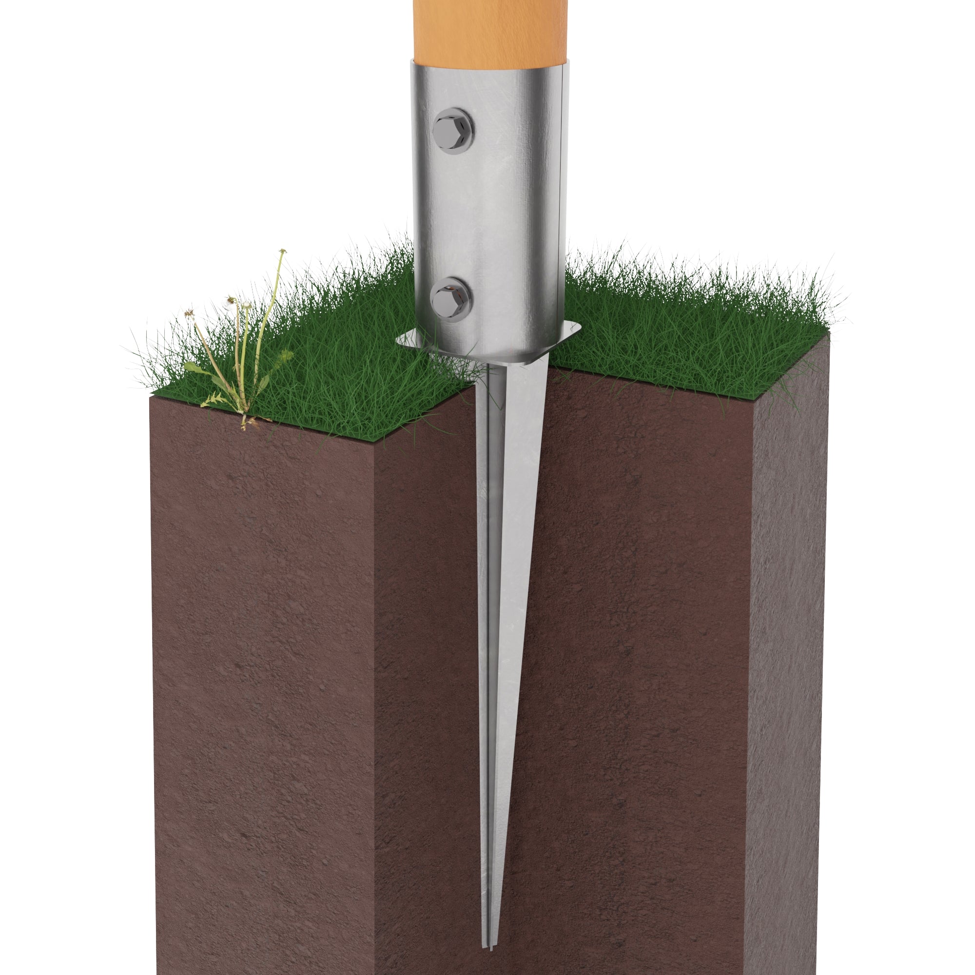 Metal fence post spike anchoring a round wooden post underground, with the spike portion embedded in soil beneath the surface level.