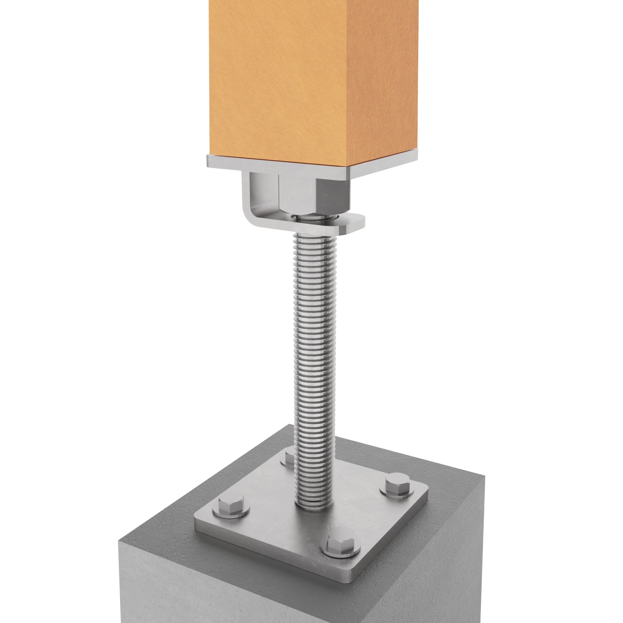 Timber post secured with bolt down height adjustable post support on concrete surface.