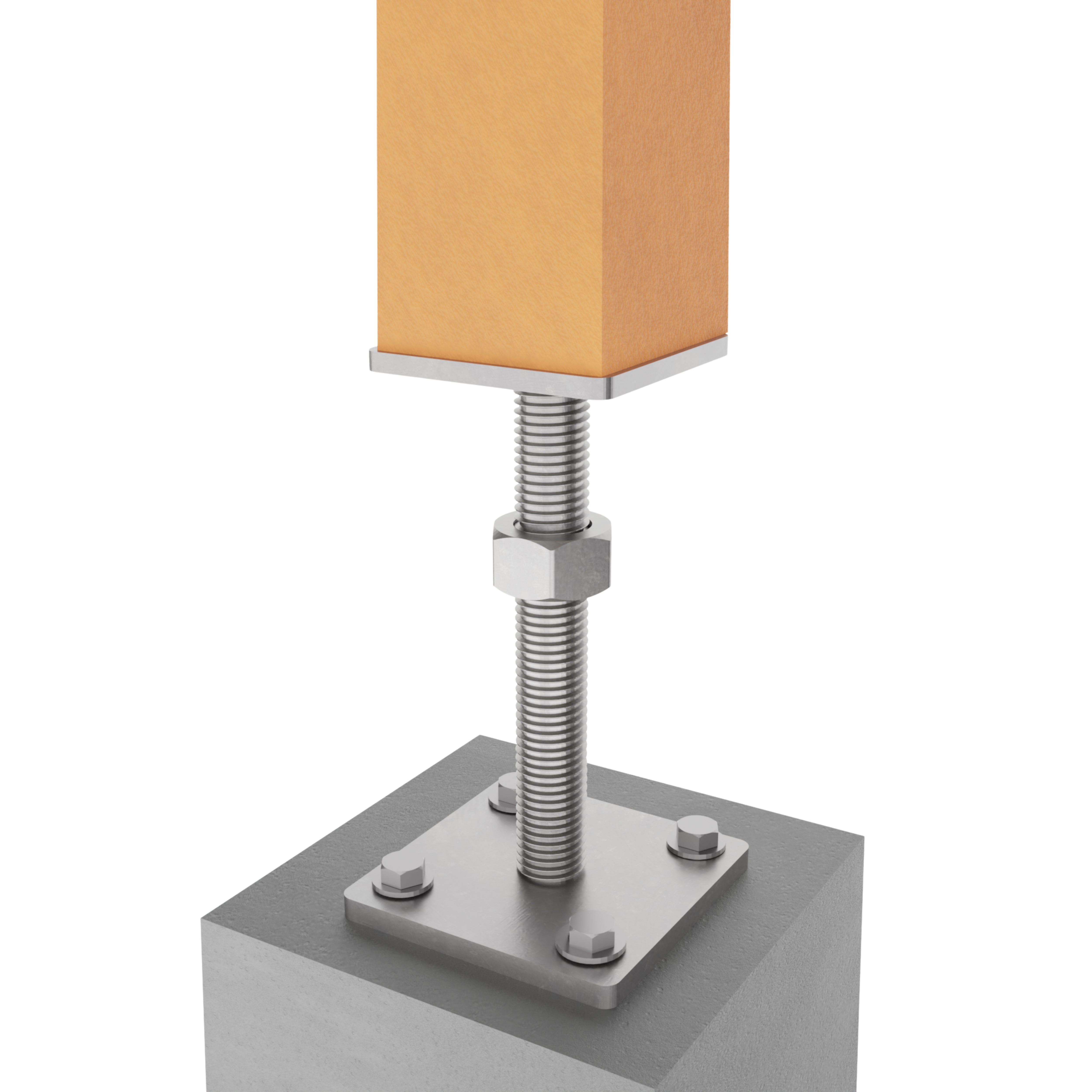 Height-adjustable post support securing a wooden post on a concrete surface.