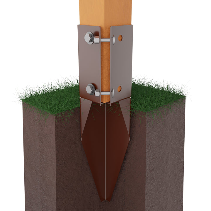 Swift Clamp repair spur holding wooden post, with spike driven into ground.