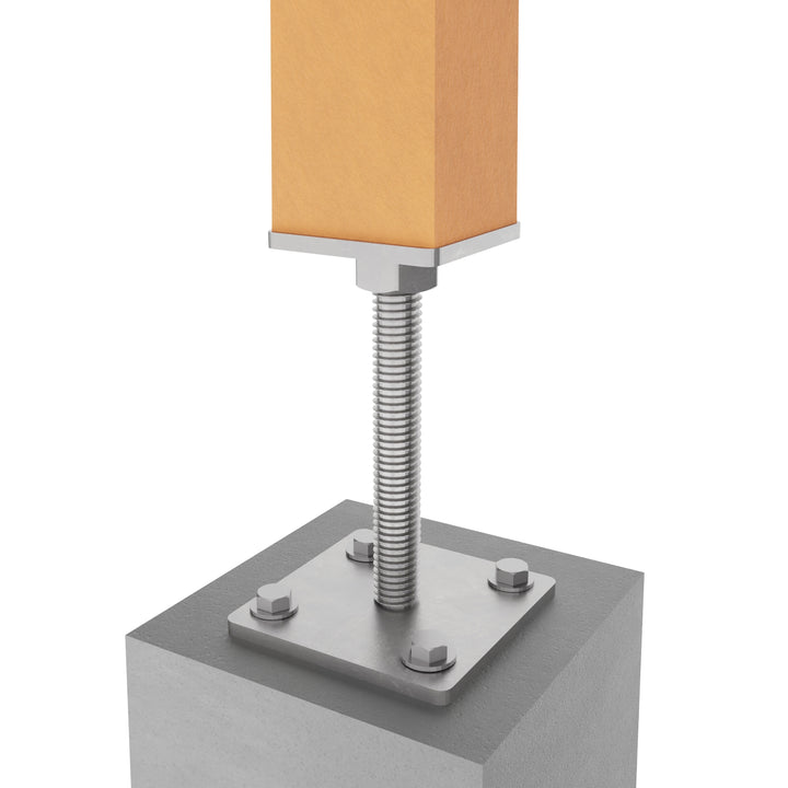 Wooden post mounted on concrete foundation using bolt down height adjustable post support.