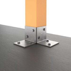 Metal pergola floor bracket securing a vertical wooden post to a flat surface.
