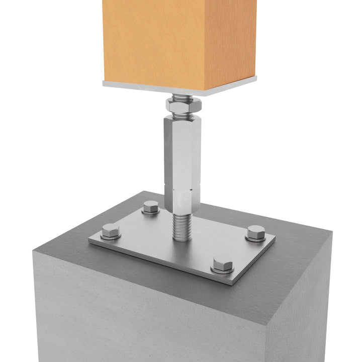 Wooden post attached to bolt down adjustable post base on a concrete surface.