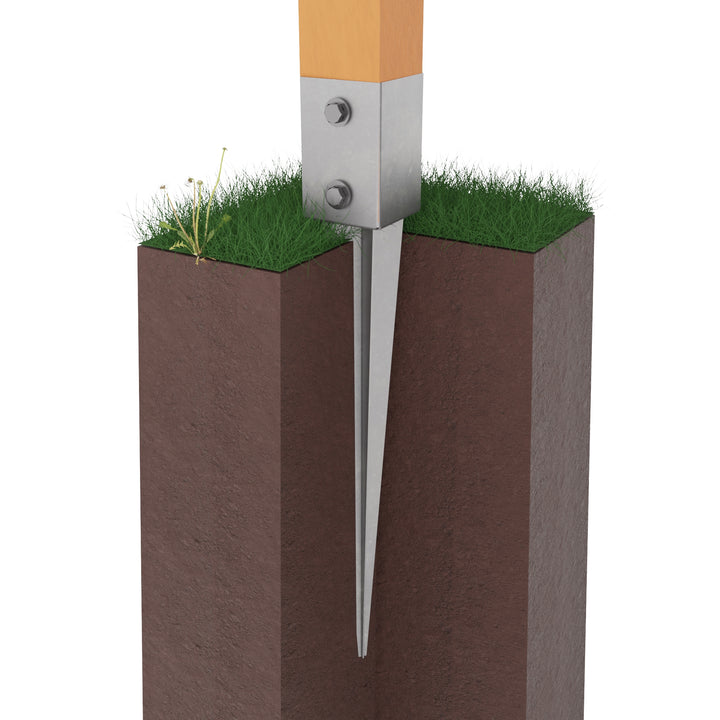 Metal fence post spike anchoring a wooden post underground, with the spike portion embedded in soil beneath the surface level.