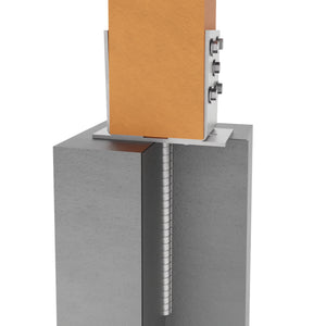 Adjustable U post bracket holding wooden post, secured with threaded rod inserted into concrete foundation.