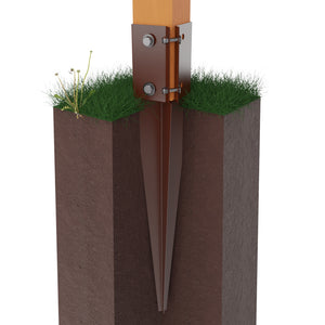 Swift clamp drive in post support spike driven into ground with wooden fence post secured in bracket clamp above ground level.
