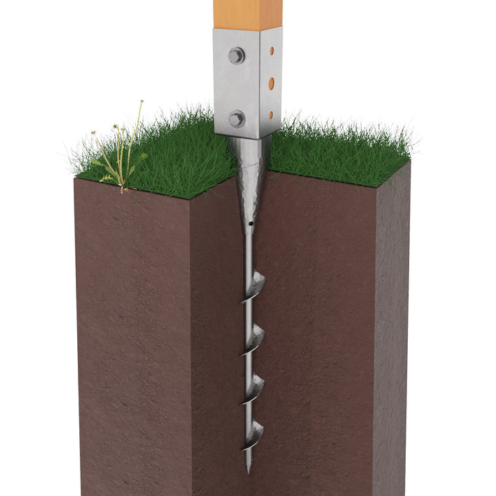 Screw-in sleeve ground anchor embedded in soil, securing a wooden post at ground.