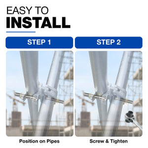Two-step guide showing a T-bolt fitted through a scaffold coupler on two tubes, then tightened with a ratchet spanner