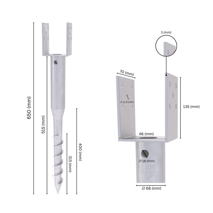 Ground screw U post support with labeled dimension.