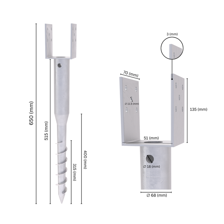 Ground screw U post support with labeled dimension.