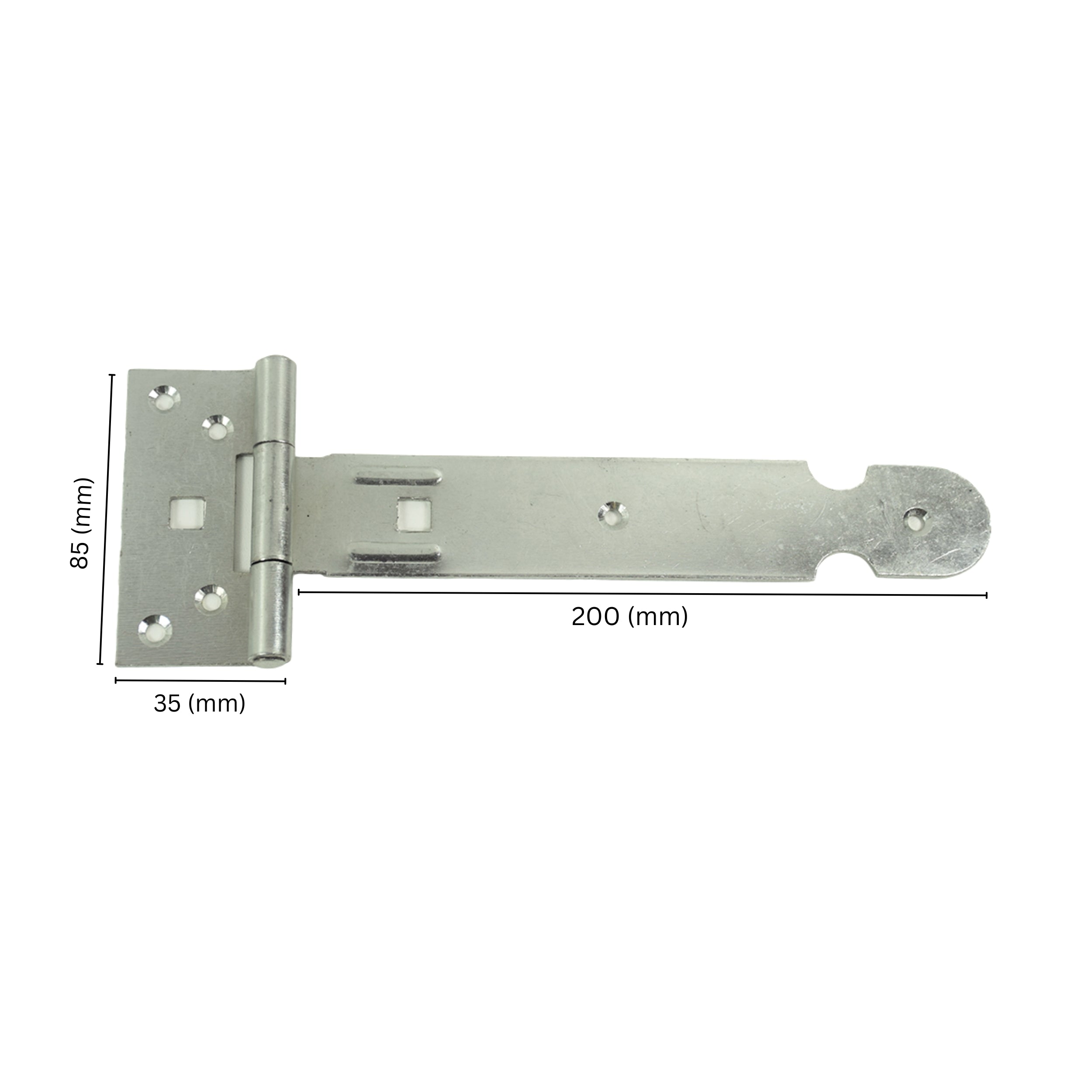 Heavy-duty T hinge with labeled dimensions.