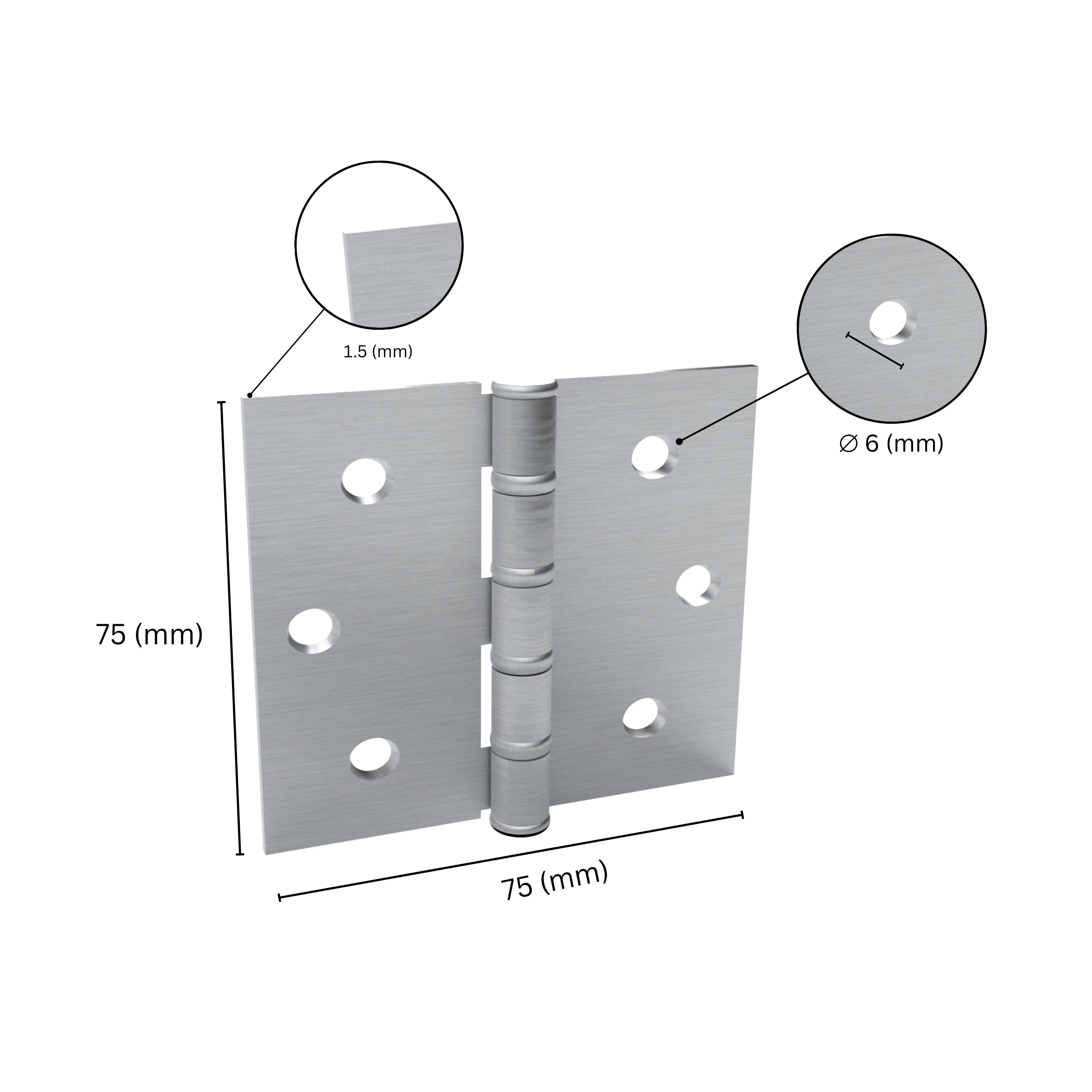 Butt hinge with labeled specifications.