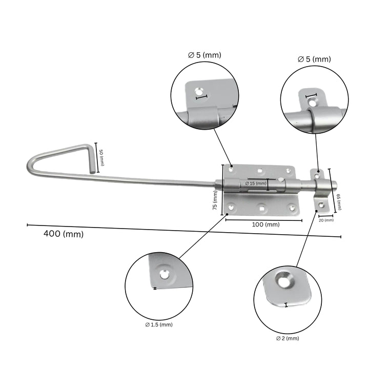 sliding bolt latch with loop with labeled dimensions.
