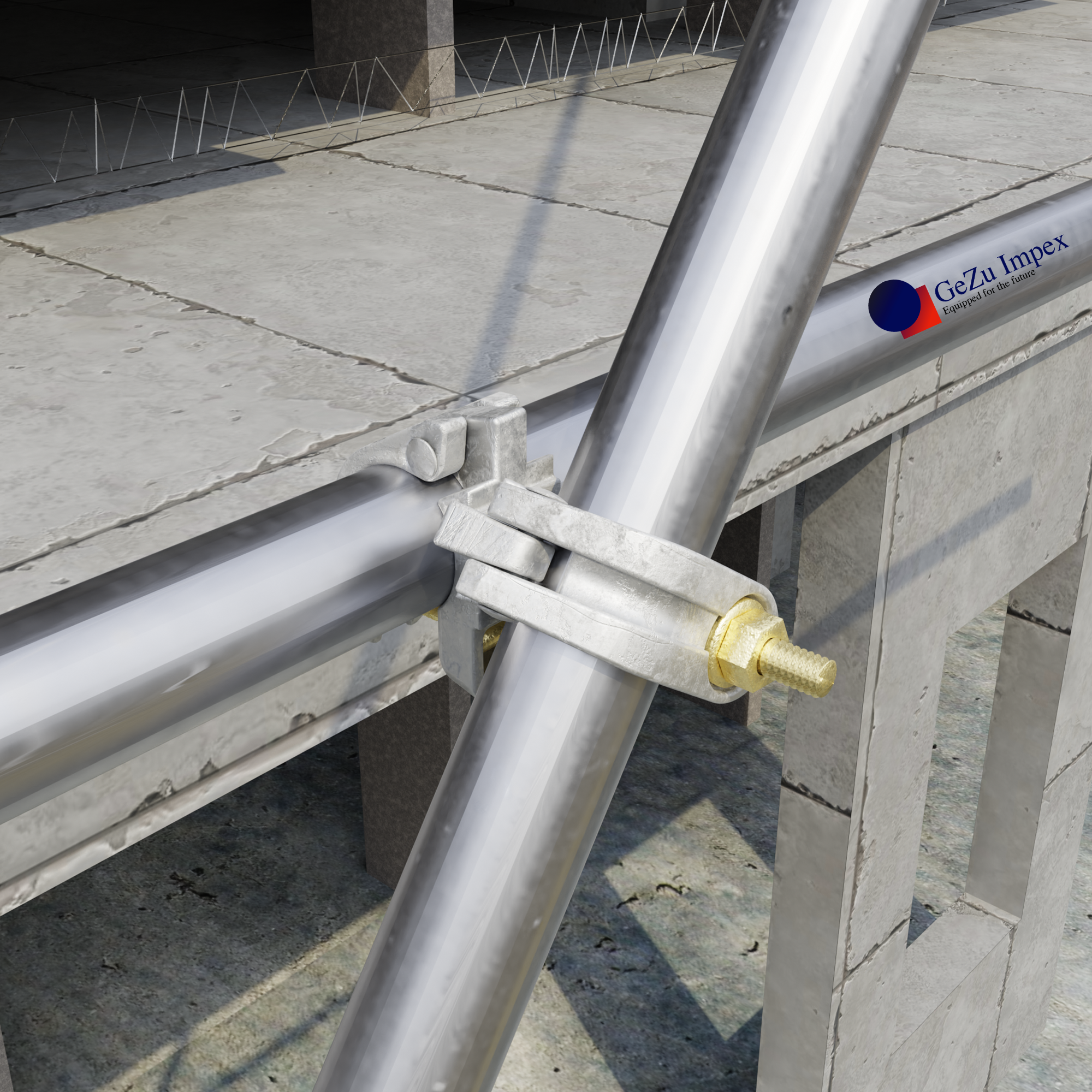 Two scaffold tubes joined at an adjustable angle using a scaffolding swivel coupler.