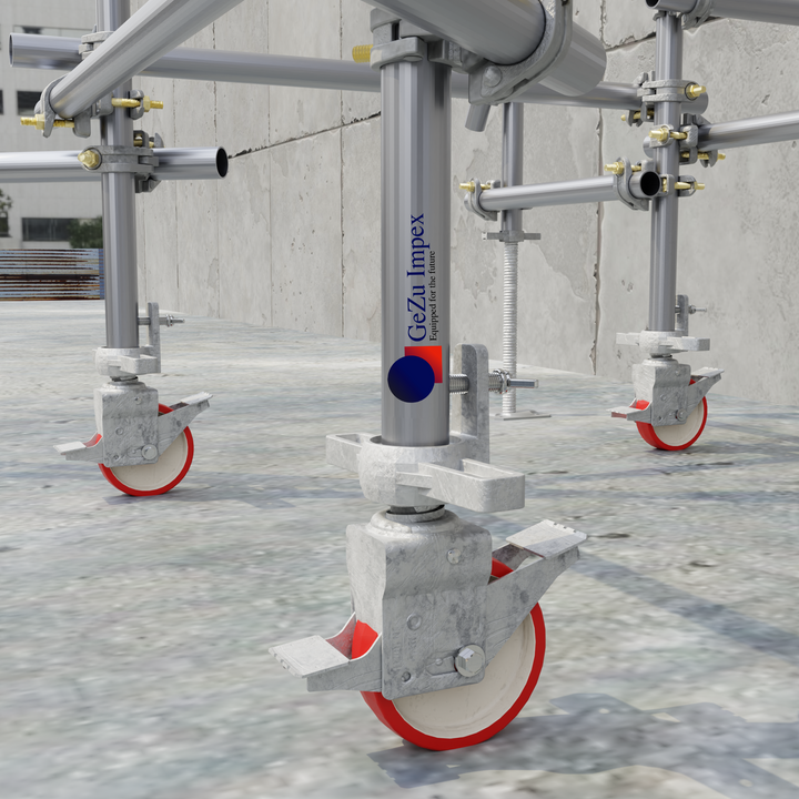 Scaffold frames mounted on heavy-duty adjustable scaffold caster wheels placed on a concrete surface.