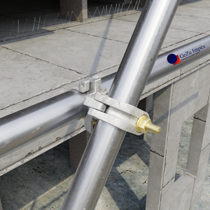 Two scaffold tubes joined at an adjustable angle using a scaffolding swivel coupler.