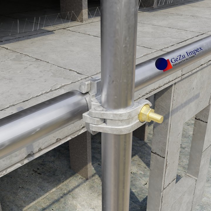 Scaffold tubes connected with a right angle coupler clamp.