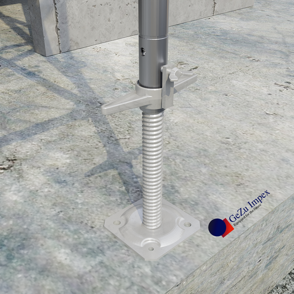 Scaffold leg mounted on an adjustable screw base jack for height leveling.