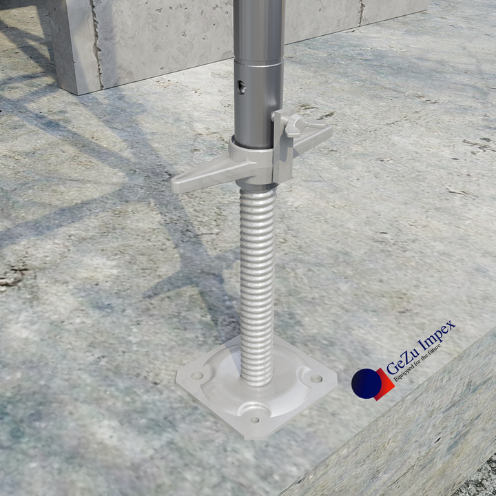 Scaffold leg mounted on an adjustable screw base jack for height leveling.