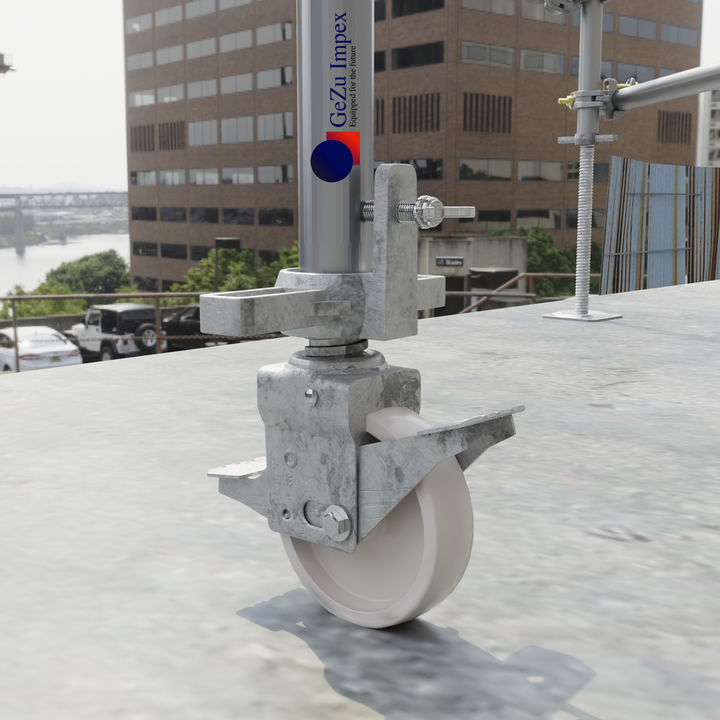 Scaffolding casters with brake attached to a scaffold frame.