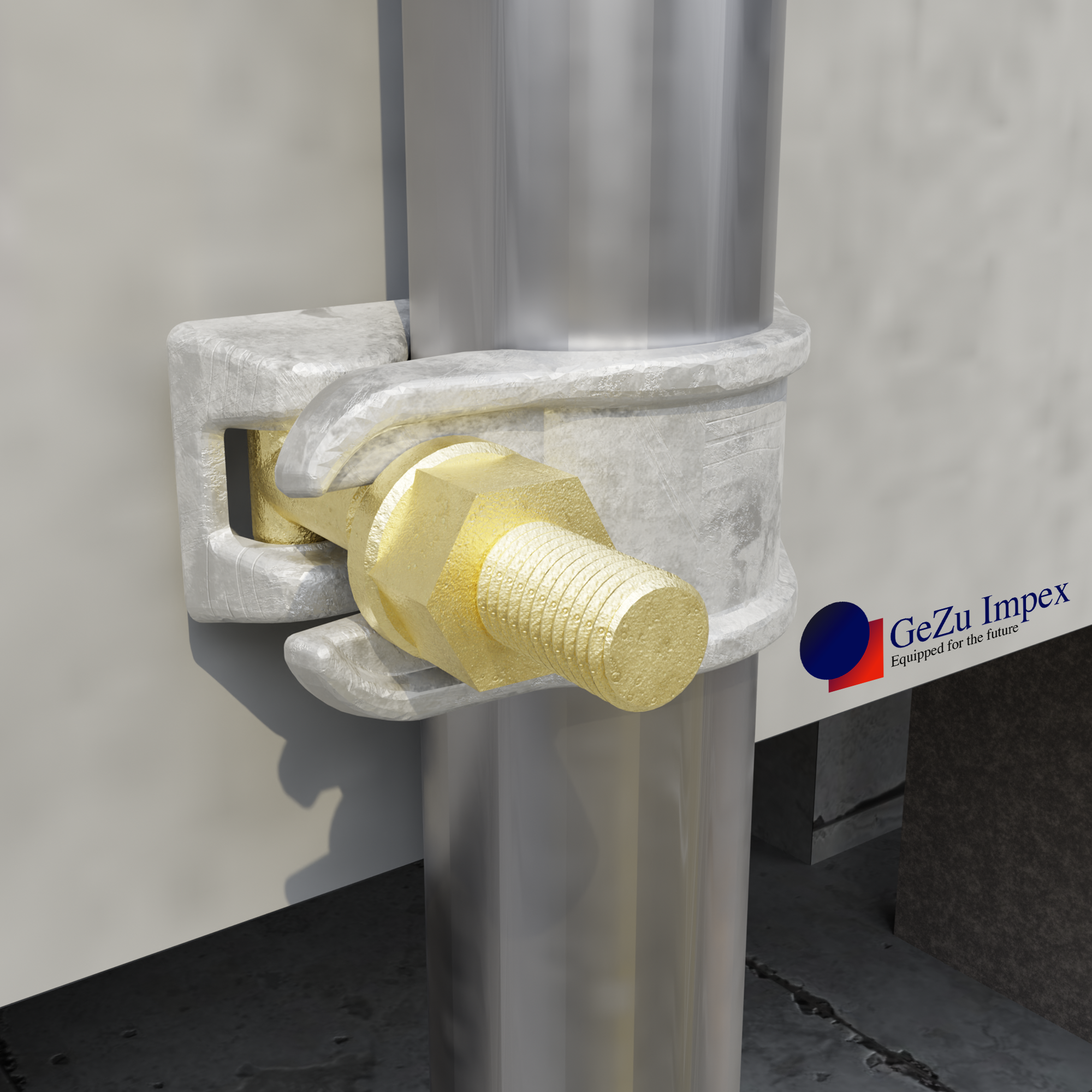 Steel tube connected to a structure using a scaffold half coupler clamp.