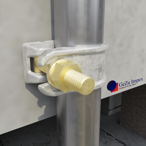 Steel tube connected to a structure using a scaffold half coupler clamp.