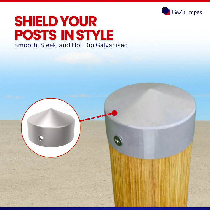 Fence pole cap fitted on top of a round post.