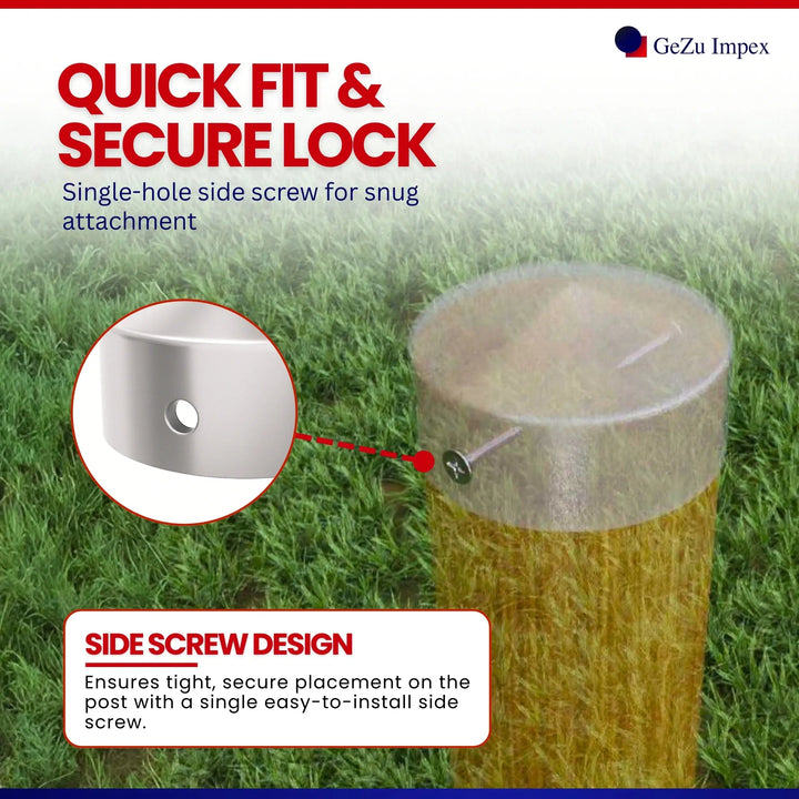 Fence pole cap with side screw attachment sitting on top of a fence post, showing easy installation feature.