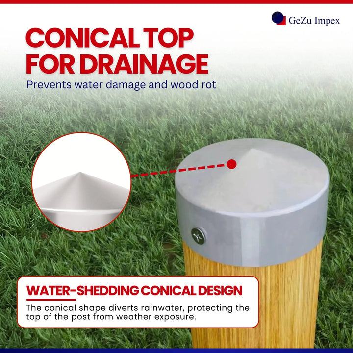 Fence post cap with conical top, showing angled top design that sheds water to prevent wood rot.