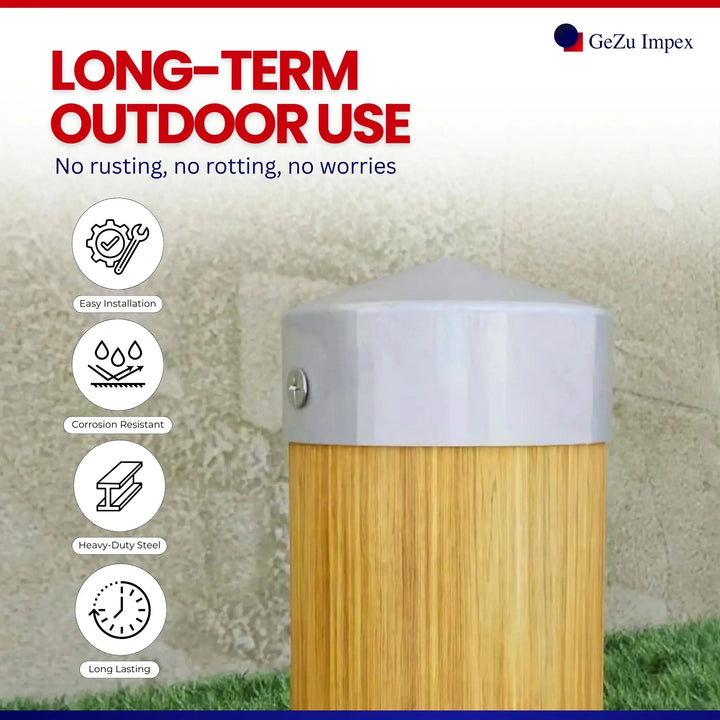 Round fence post cap on a wooden post showing durability features.