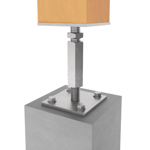 Wooden post attached to bolt down adjustable post base on a concrete surface.