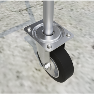 Heavy-duty swivel caster wheels attached to a structure.