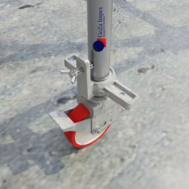 Scaffolding caster wheel with brake attached and locked to a scaffold frame.