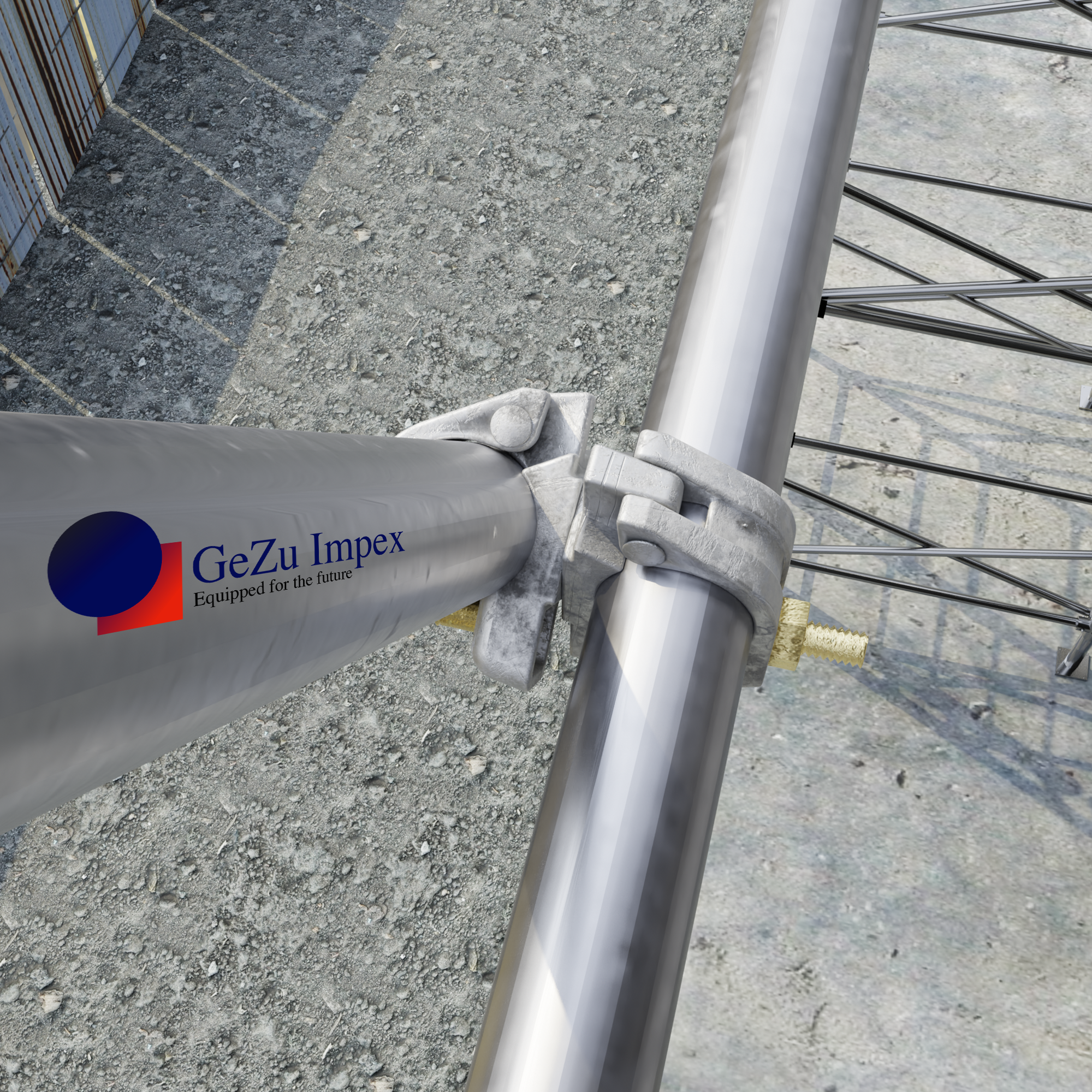 Scaffold tubes connected with a swivel coupler clamp.