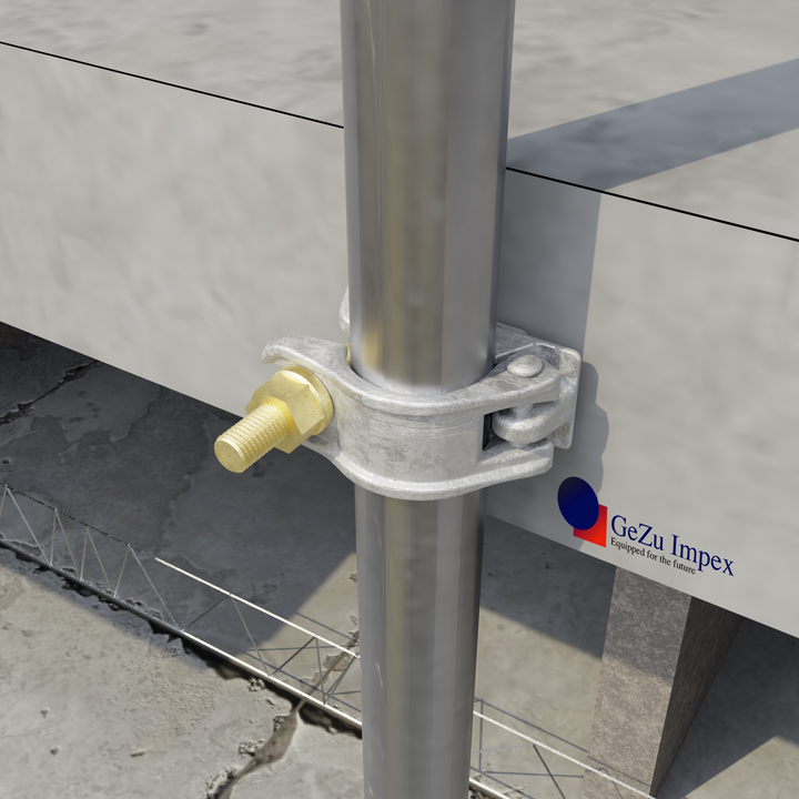 Scaffolding half coupler securing a steel tube for structural support.