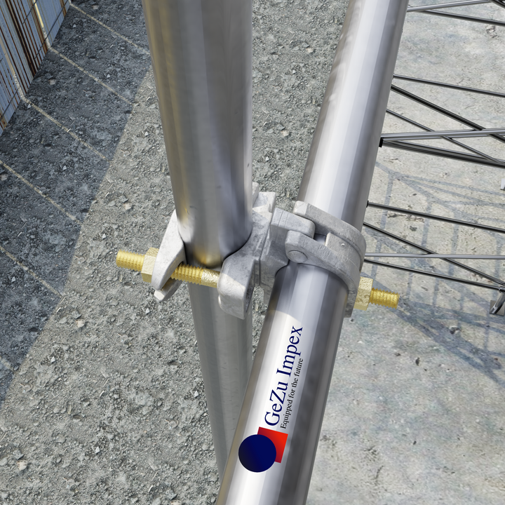 Two scaffold tubes joined at a 90 degree angle using a right angle scaffolding coupler.