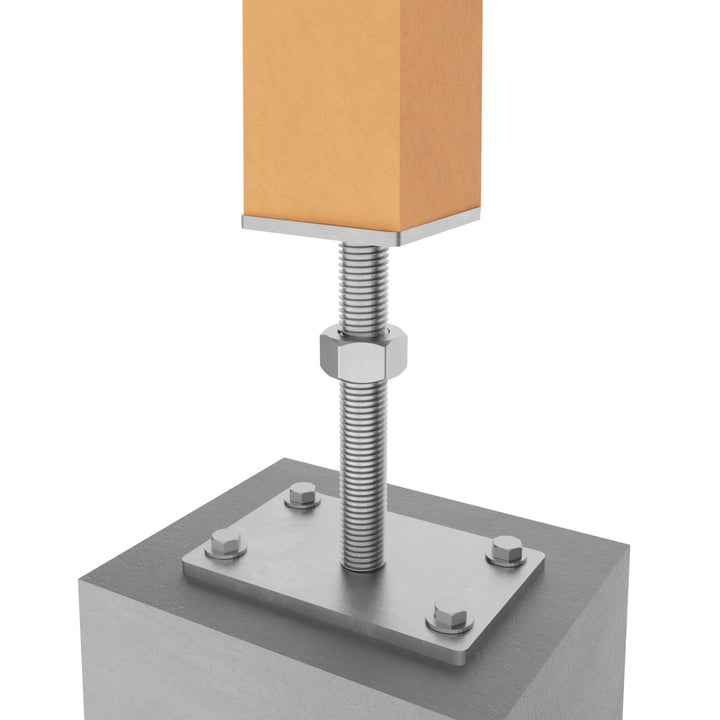 Height-adjustable post support securing a wooden post on a concrete surface.