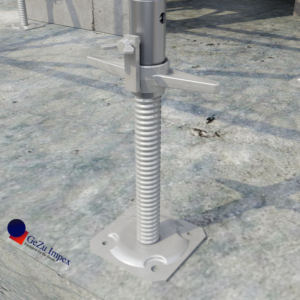 Vertical scaffold pole attached to a threaded adjustable scaffold base plate.