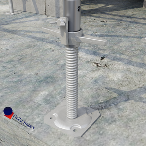 Vertical scaffold pole attached to a threaded adjustable scaffold base plate.