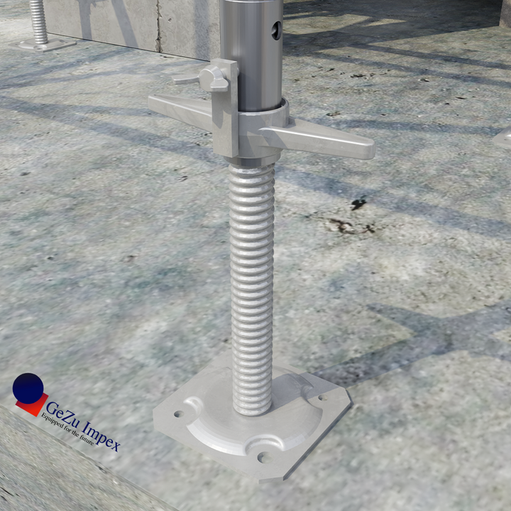 Vertical scaffold pole attached to a threaded adjustable scaffold base plate.