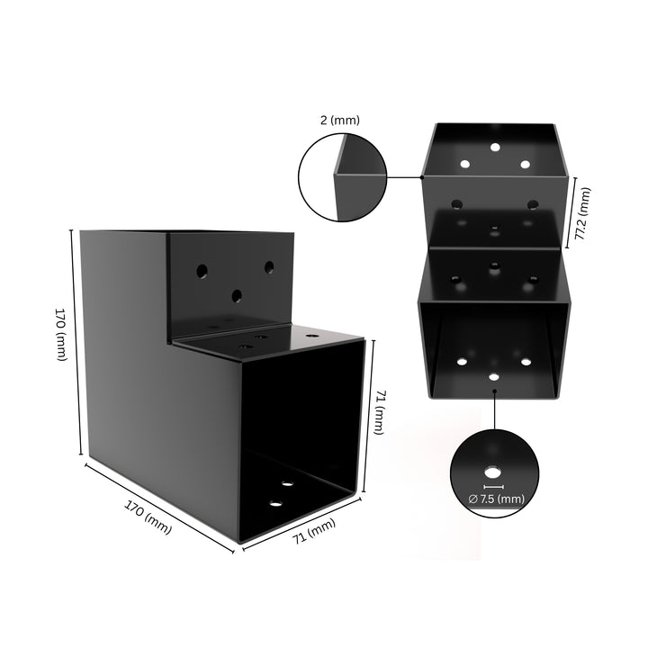 2 way post connector L shaped showing labeled dimensions, bracket size, length and thickness.
