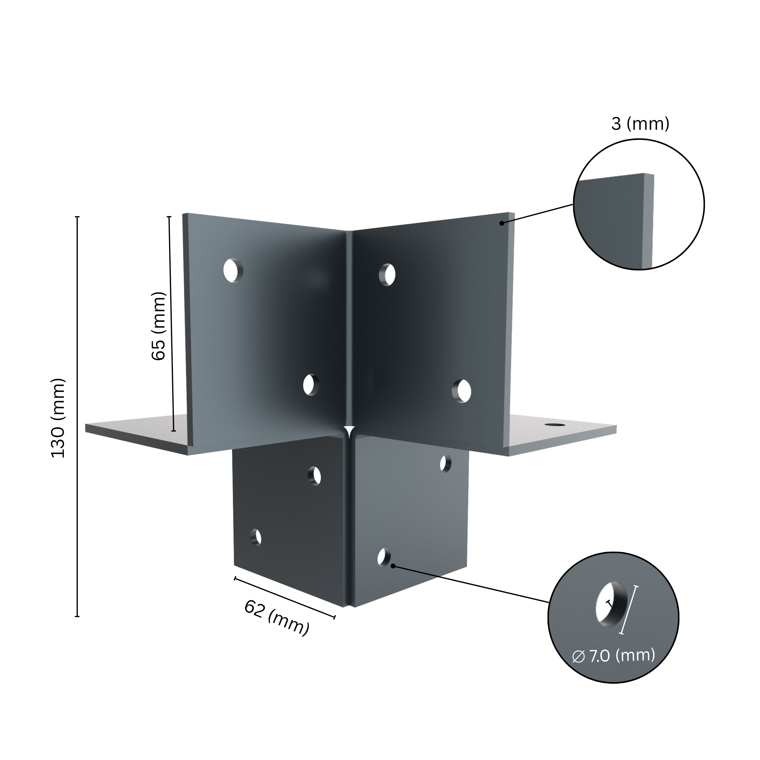  3-way open pergola corner connector bracket with labeled dimensions.