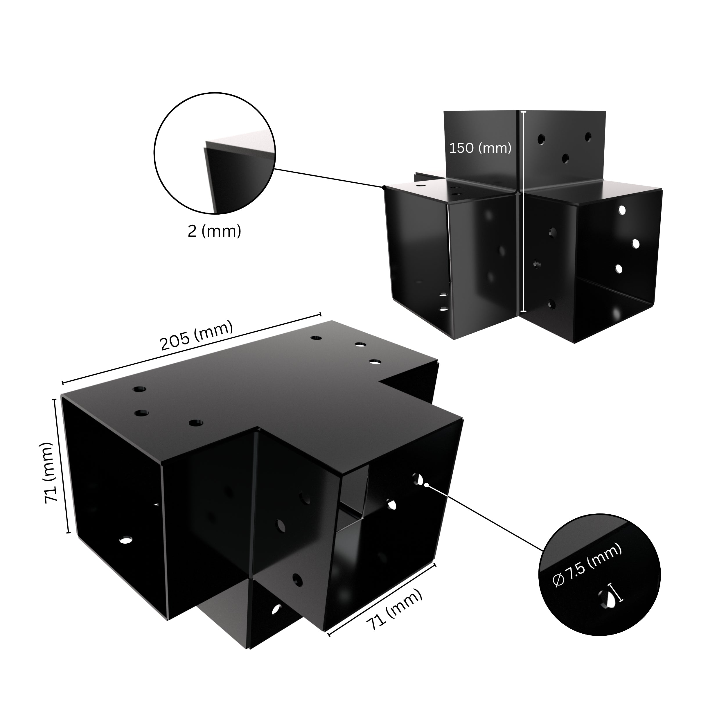 4 way post connector X shaped showing labeled dimensions, bracket size, length and thickness.
