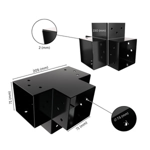 4 way post connector X shaped showing labeled dimensions, bracket size, length and thickness.