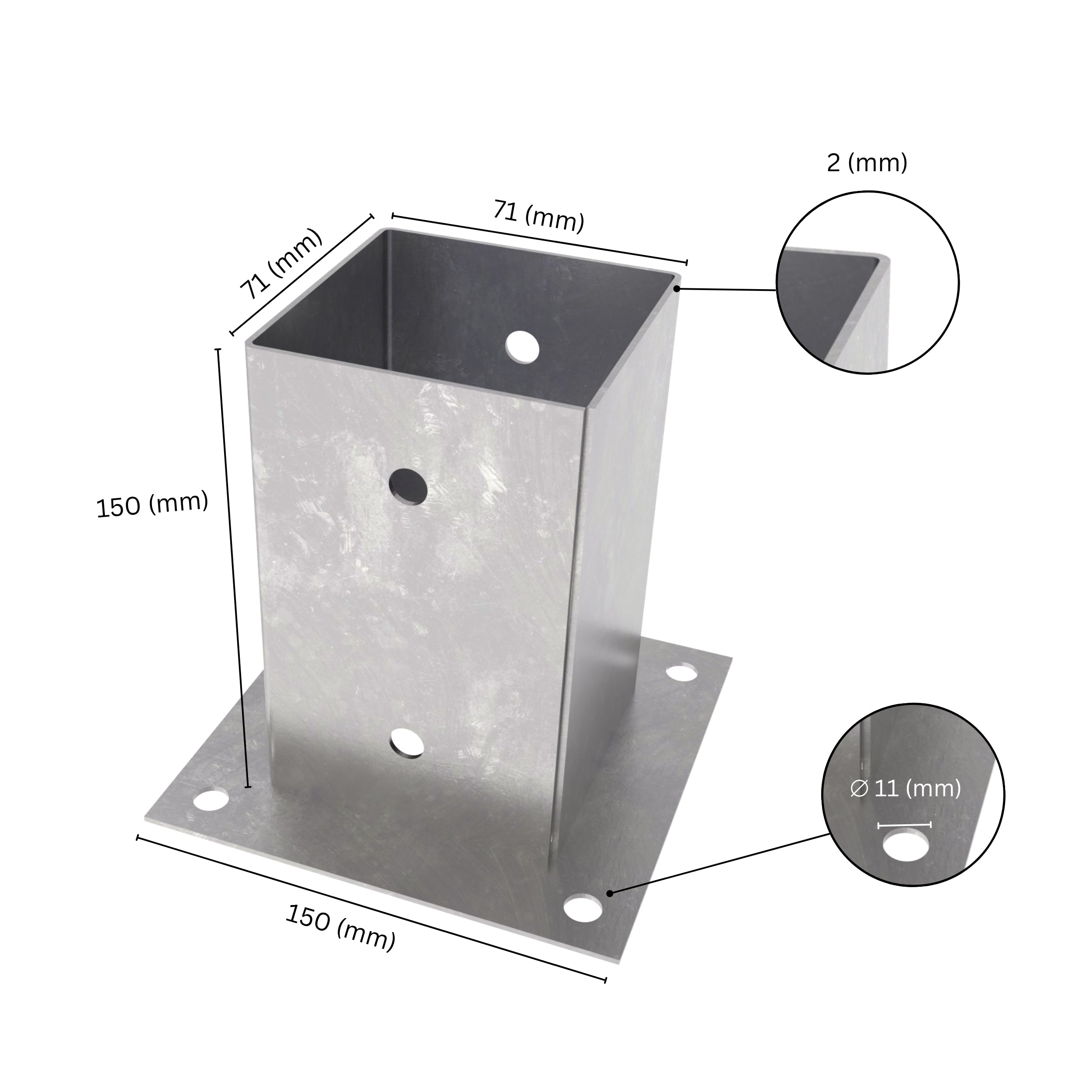 Square post base bracket with labeled dimensions showing bracket size, height, base plate width.
