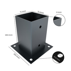 Square post base bracket with labeled dimensions showing bracket size, height, base plate width.